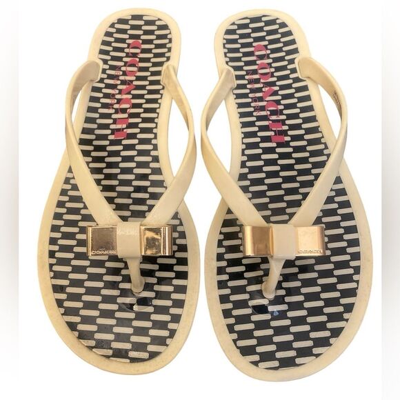 COACH NewYork Landon Beige Thong Jelly Flip Flops Sandals w/GoldTone Bow Size 6B - Picture 1 of 4